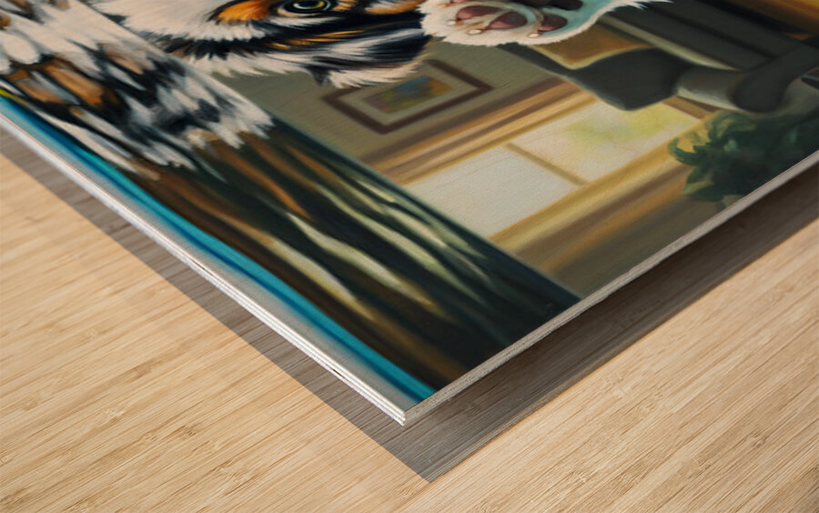 Australian Shepherd Puppy Discovers Amazing Fish Tank Wood print