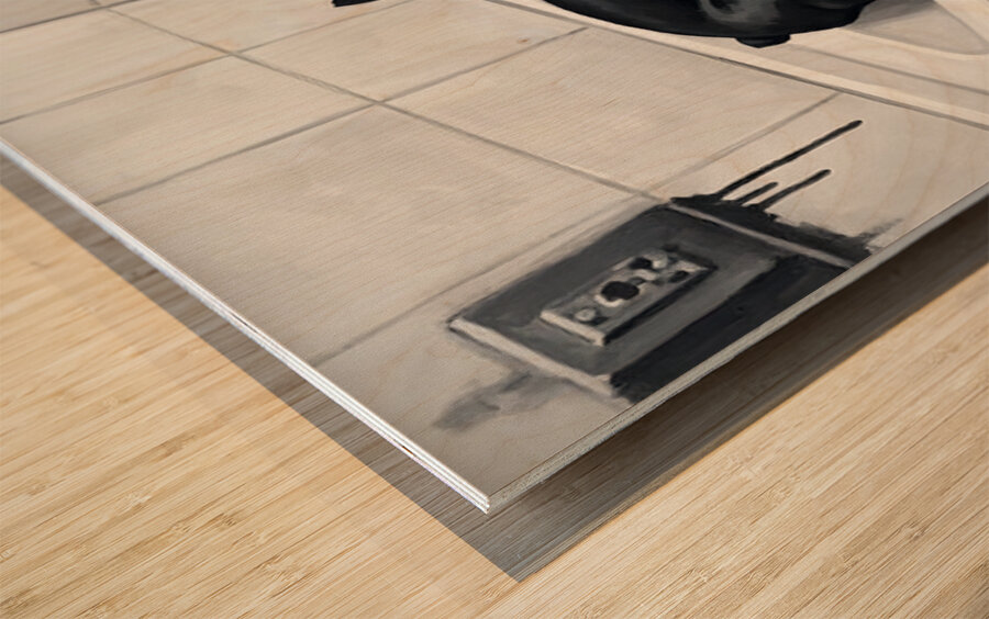 Boston Terrier Puppy Waits Nervously In Bathroom Sink Wood print