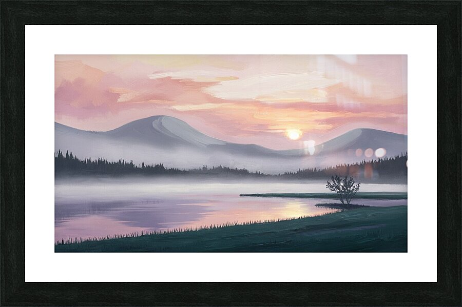 A misty mountain range and a tranquil lake at sunrise Picture Frame print