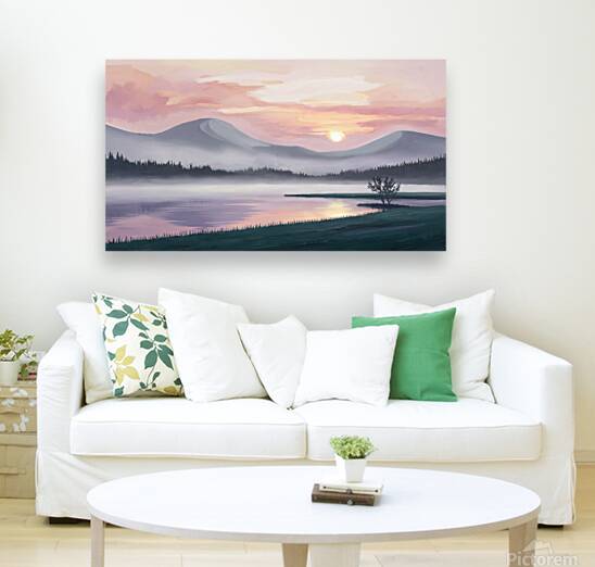 A misty mountain range and a tranquil lake at sunrise Reproduction