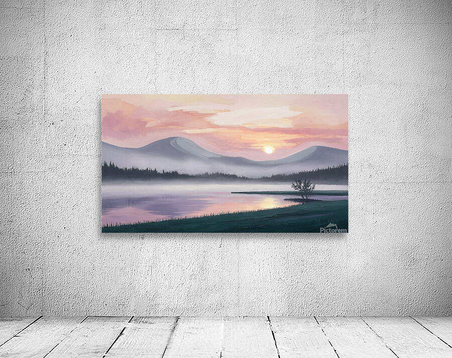 A misty mountain range and a tranquil lake at sunrise Wall Preview