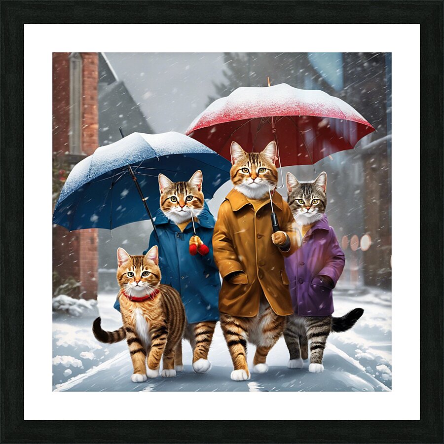 Cats with umbrellas on snowy day wall art Picture Frame print