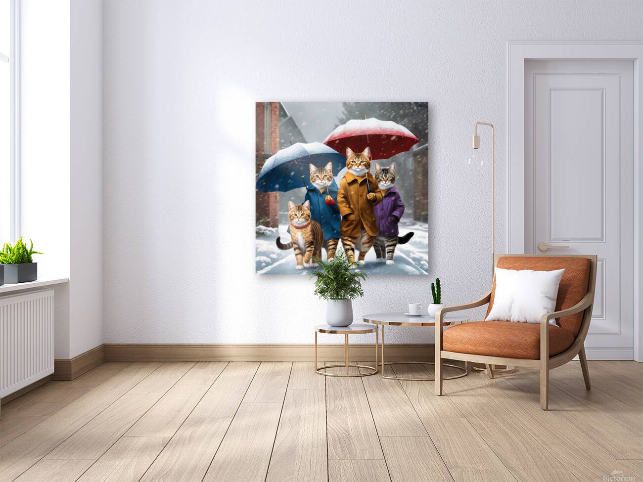 Cats with umbrellas on snowy day wall art Reproduction