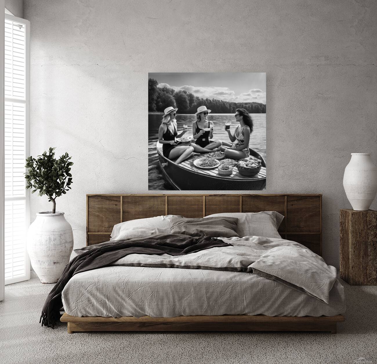 Elegant women enjoying a boat picnic wall art Reproduction