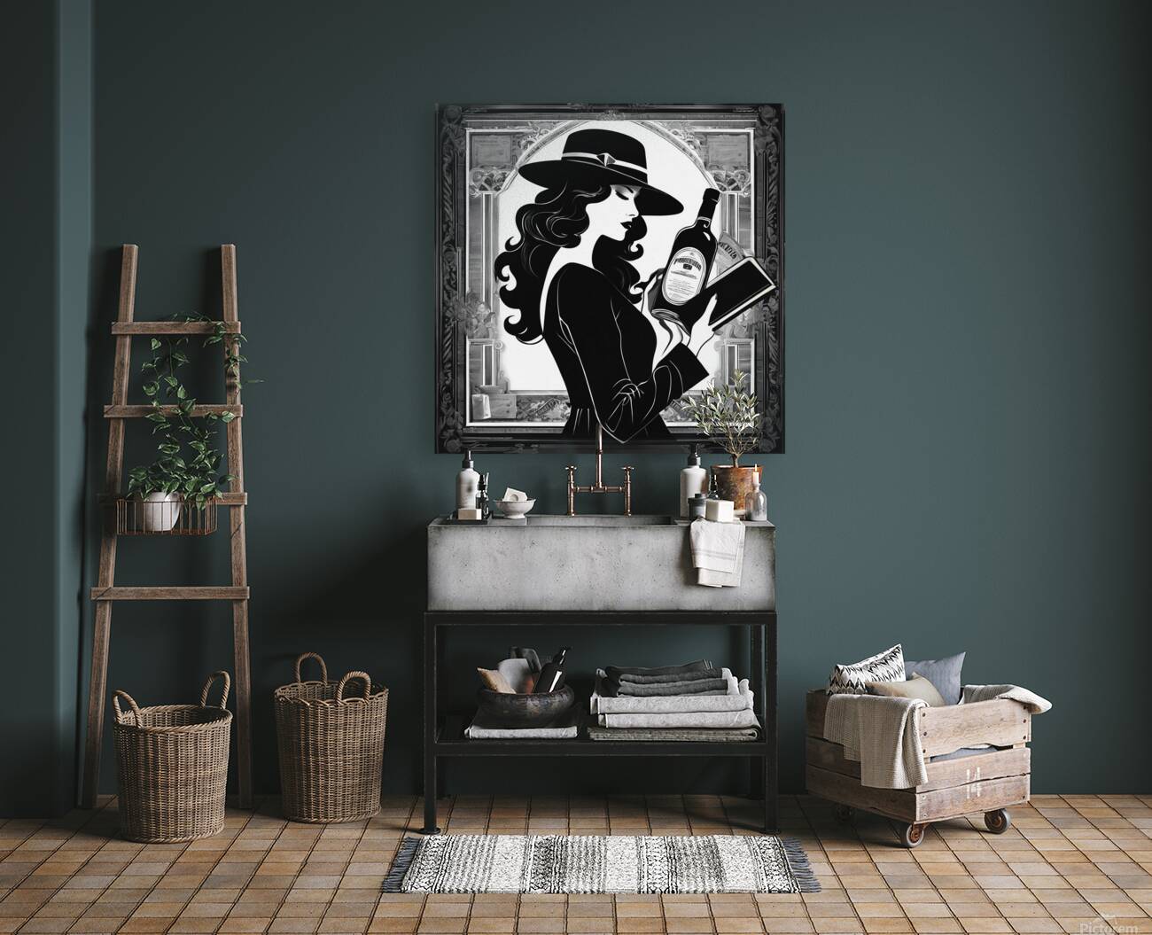 Vintage styled illustration of a woman with bottle wall art Reproduction