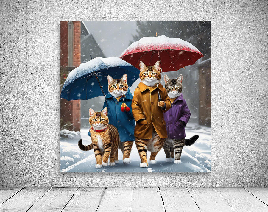 Cats with umbrellas on snowy day wall art Wall Preview