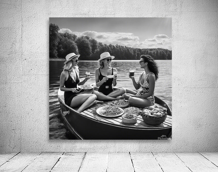 Elegant women enjoying a boat picnic wall art Wall Preview
