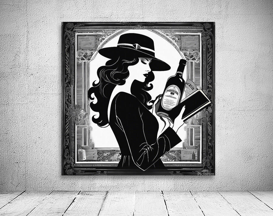 Vintage styled illustration of a woman with bottle wall art Wall Preview