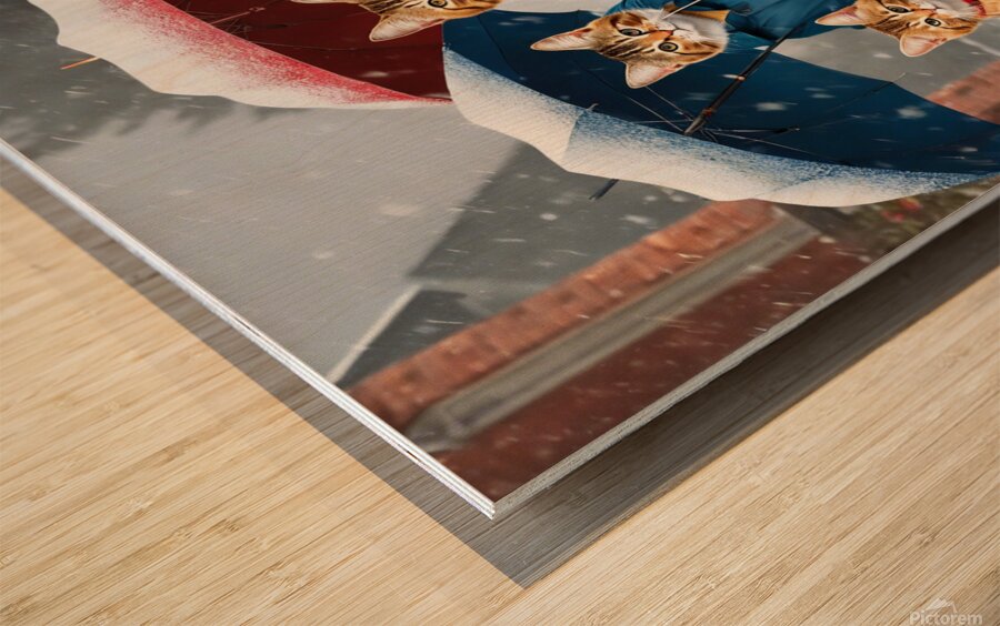 Cats with umbrellas on snowy day wall art Wood print