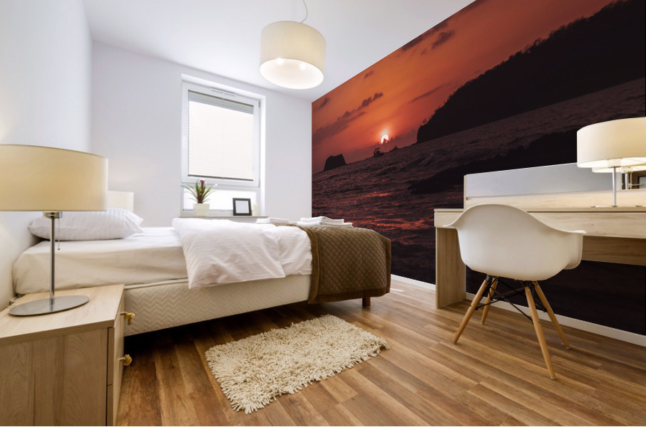 Sunset With Boat Mural print