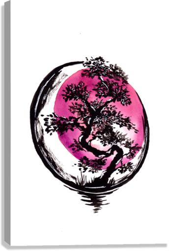 Bonsai Tree Red Sun Circle Canvas Print