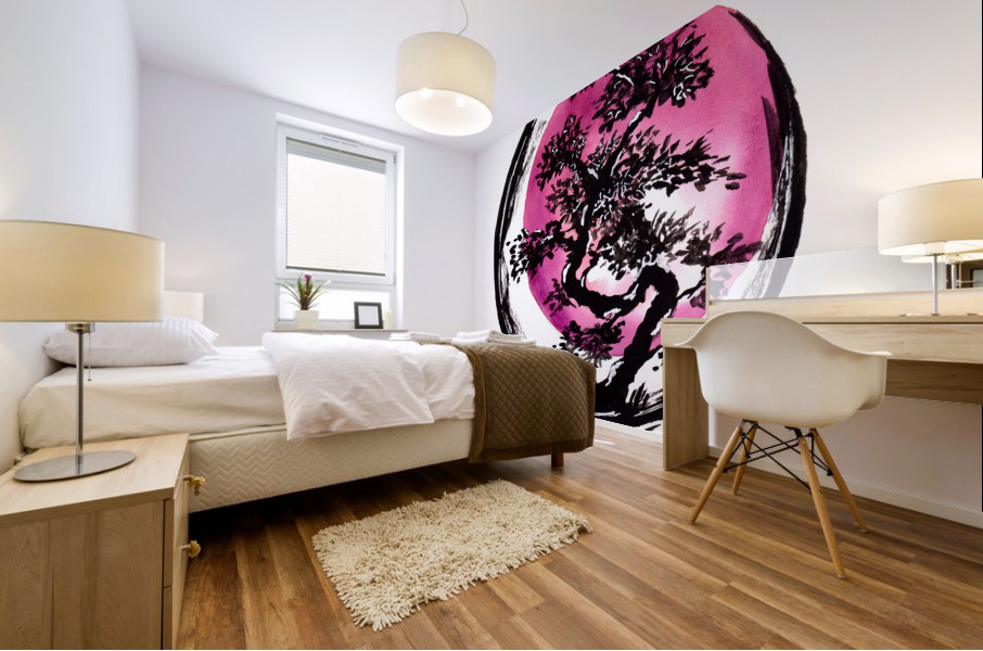 Bonsai Tree Red Sun Circle Mural print