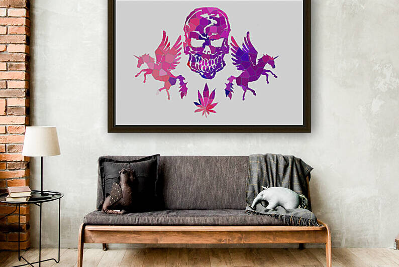 Pink Mosaic Skull and Unicorns by Sebastian Grafmann