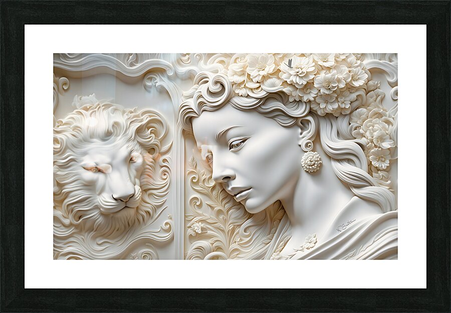 Woman with Lion decorative 3d relief sculpture  wall art print by Nazan Saatci Art Picture Frame print
