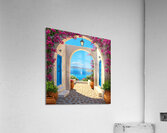 Mediterranean archway with bougainvillea blue doors and a view of the sea with a sailboat. Acrylic Print