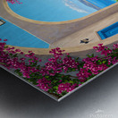 Mediterranean archway with bougainvillea blue doors and a view of the sea with a sailboat. Metal print