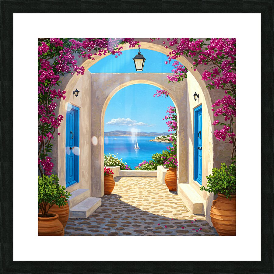 Mediterranean archway with bougainvillea blue doors and a view of the sea with a sailboat. Picture Frame print