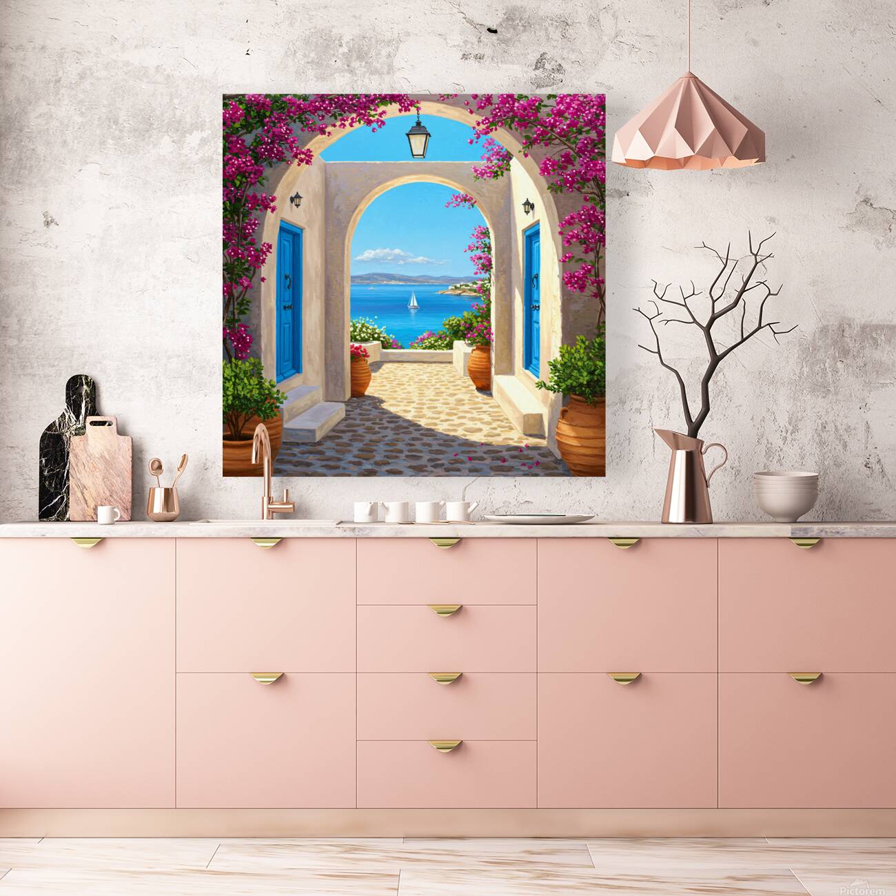 Mediterranean archway with bougainvillea blue doors and a view of the sea with a sailboat. Reproduction
