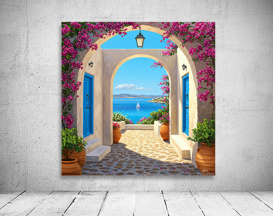 Mediterranean archway with bougainvillea blue doors and a view of the sea with a sailboat. Wall Preview