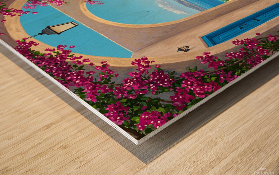 Mediterranean archway with bougainvillea blue doors and a view of the sea with a sailboat. Wood print