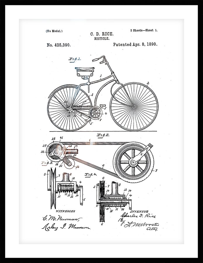 QVT 1050 – Vintage Patent Illustrations Bicycle Picture Frame print