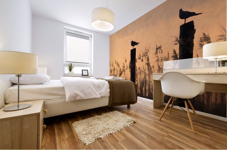 Lake Pontchartrain Seagulls Silhouette Perched on Piling Poles Mural print