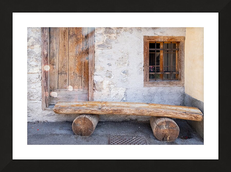 Italian Dolomite Mountains Old Wood Door and Bench Picture Frame print