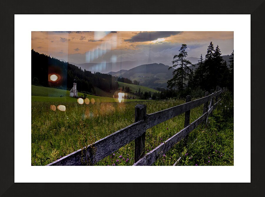 Val di Funes Church at  Sunset Mountain Views Picture Frame print
