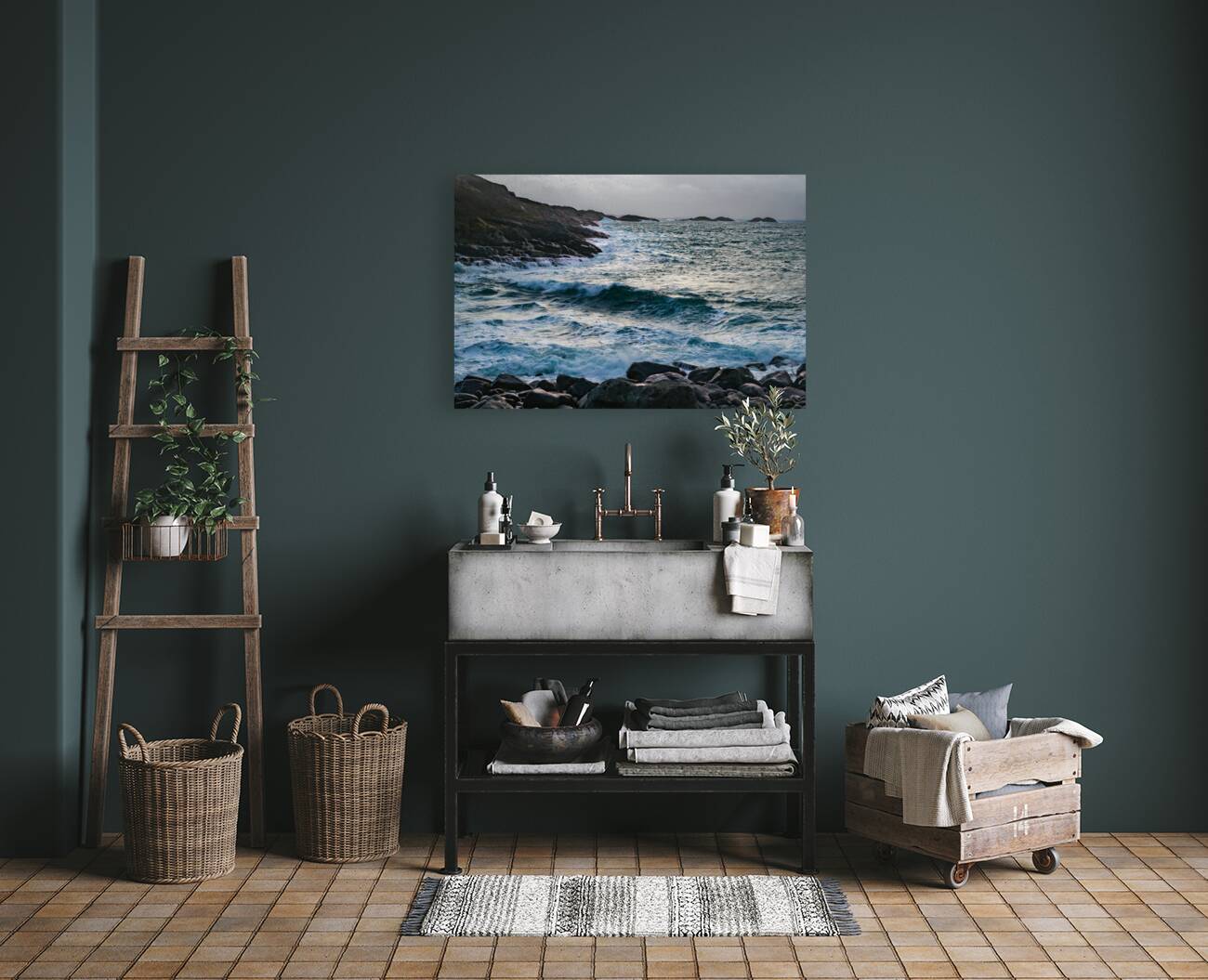 Lofoten Rocky Coastline and Storm Waves Reproduction
