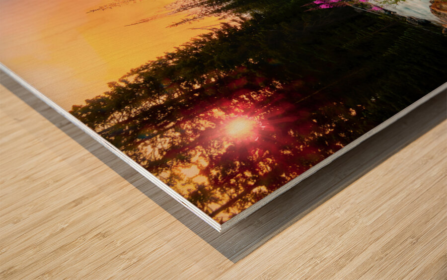 Lake Moraine Wildflowers Sunset Wood print