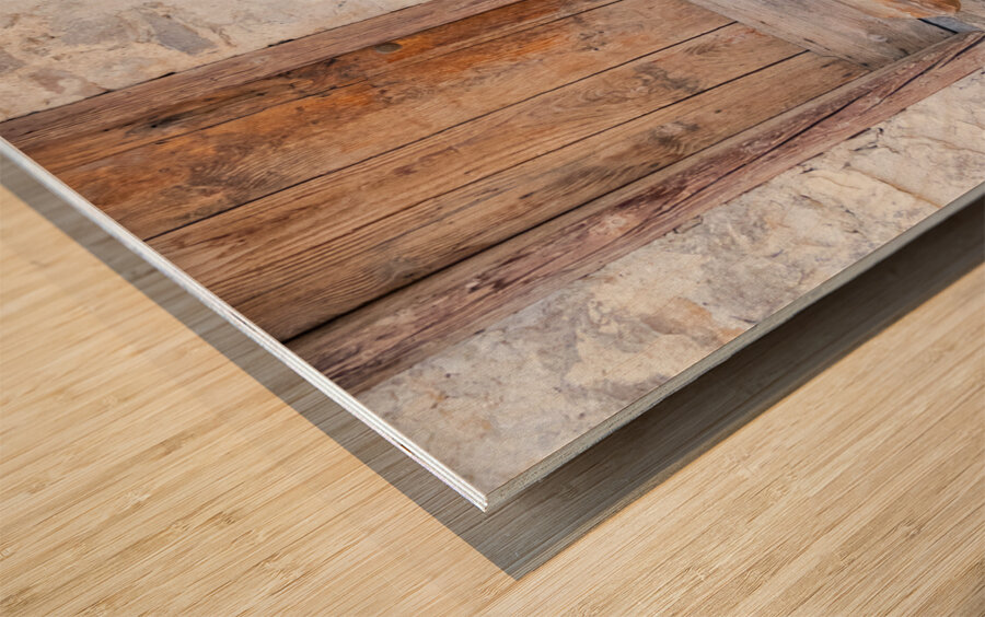 Italian Dolomite Mountains Old Wood Door and Bench Wood print