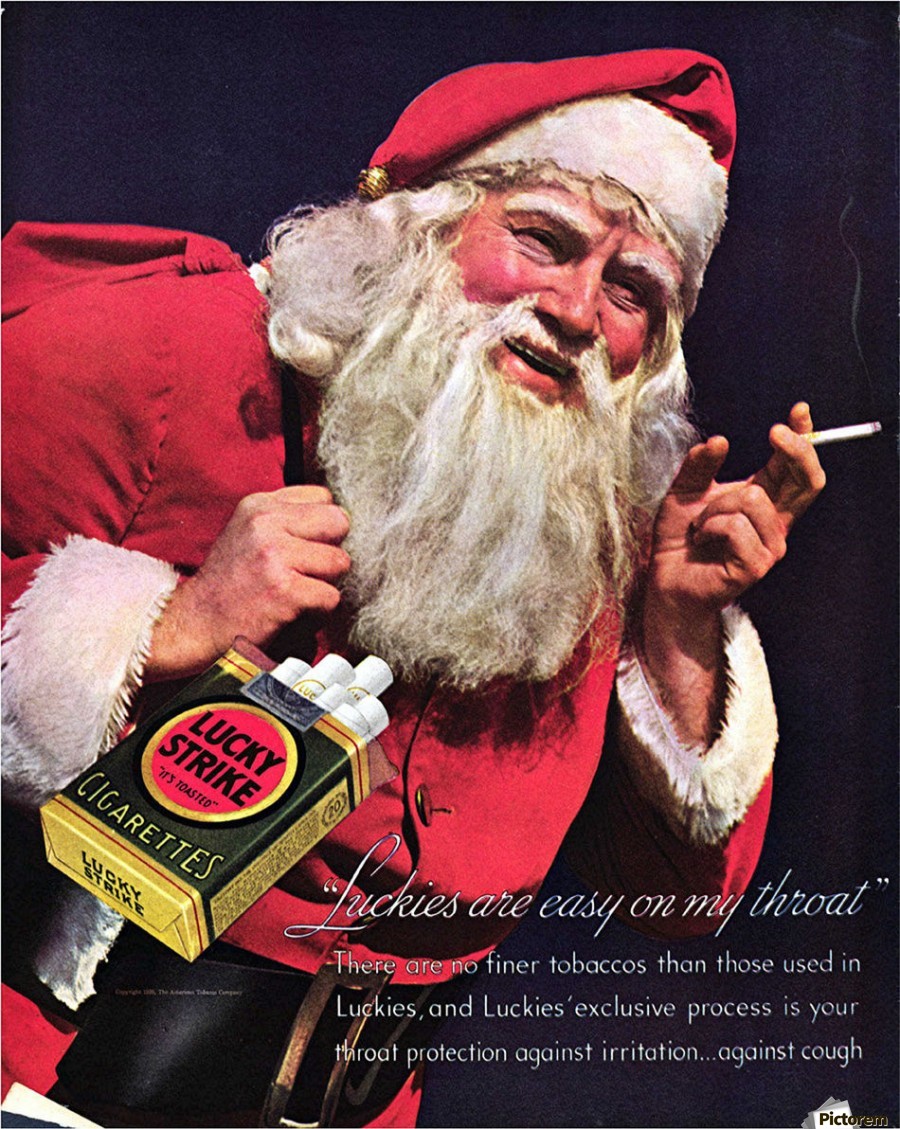smoking vintage cigarettes Lucky Strike Santa, 1937 Vintage Cigarette Advertising Poster by VINTAGE  POSTER Wall Art