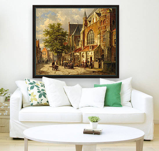 Dutch city street with church by Willem Koekkoek